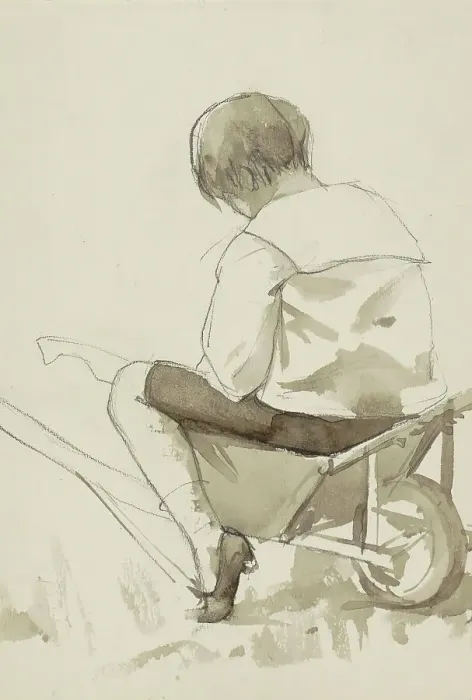 Framed Print : Boy sitting in a wheelbarrow, 1865-1913. Creator: Abrahamina Arnolda Louisa Hubrecht