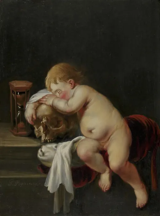 Framed Print : Boy sleeping on a Skull, 1621-1686. Creator: Pieter Moninckx Framed Print : Boy sleeping on a Skull, 1621-1686. Creator: Pieter Moninckx