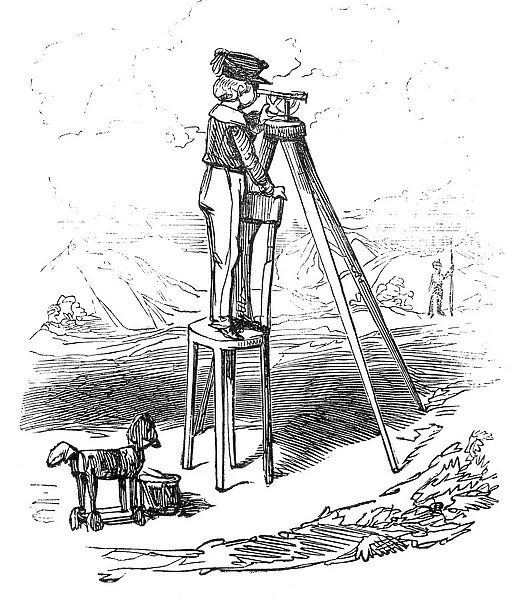 Boy using surveying instrument, 1845. Creator: Alfred Crowquill