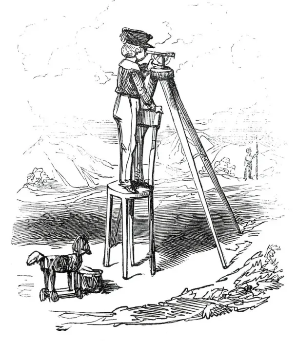 Framed Print : Boy using surveying instrument, 1845. Creator: Alfred Crowquill Framed Print : Boy using surveying instrument, 1845. Creator: Alfred Crowquill