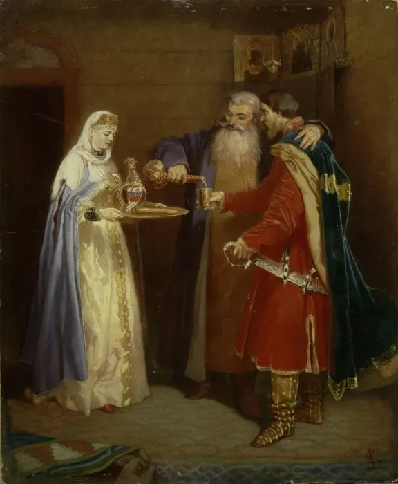 Framed Print : Boyars welcome (Prince Serebrenni visiting Boyar Morozov), 1865. Artist: Schwarz, Vyacheslav Grigoryevich (1838-1869) Framed Print : Boyars welcome (Prince Serebrenni visiting Boyar Morozov), 1865. Artist: Schwarz, Vyacheslav Grigoryevich (1838-1869)
