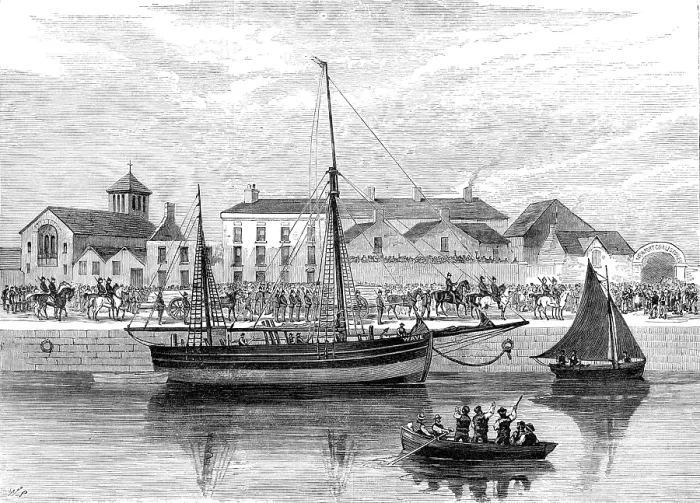 Framed Print : The boycotted smack Wave, under police guard at Cork, 1881. Creator: Unknown Framed Print : The boycotted smack Wave, under police guard at Cork, 1881. Creator: Unknown