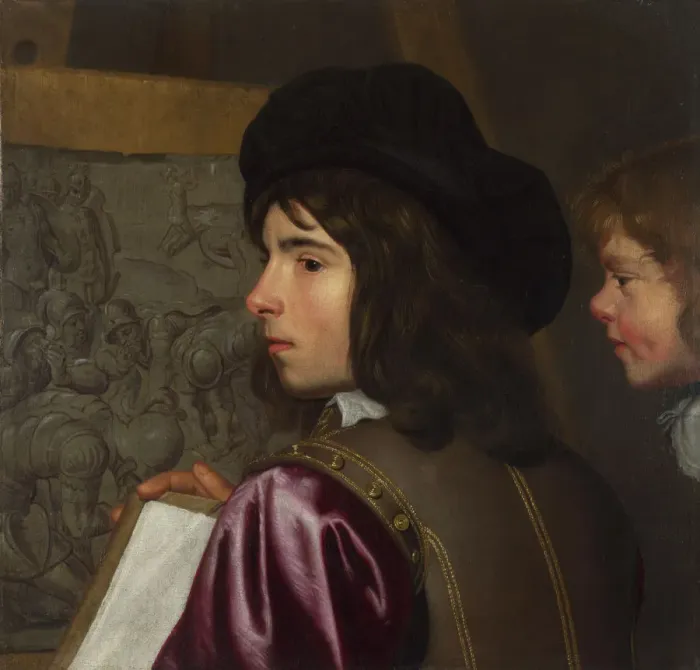 Framed Print : Two Boys before an Easel, c. 1645. Artist: Oost, Jacob van, the Elder (1601-1671) Framed Print : Two Boys before an Easel, c. 1645. Artist: Oost, Jacob van, the Elder (1601-1671)