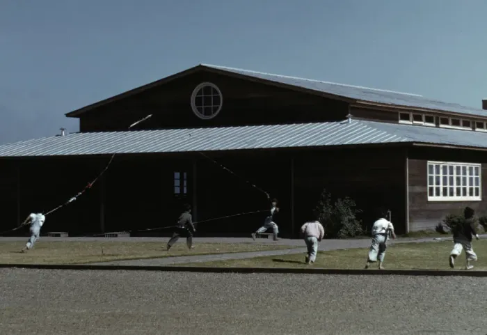 Framed Print : Boys flying a kite in front of community center, FSA... camp, Robstown, Tex. 1942. Creator: Arthur Rothstein Framed Print : Boys flying a kite in front of community center, FSA... camp, Robstown, Tex. 1942. Creator: Arthur Rothstein