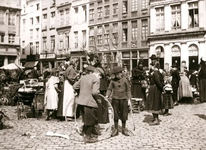 Framed Print : Boys with hoops at a market, Rotterdam, 1898. Artist: James Batkin Framed Print : Boys with hoops at a market, Rotterdam, 1898. Artist: James Batkin