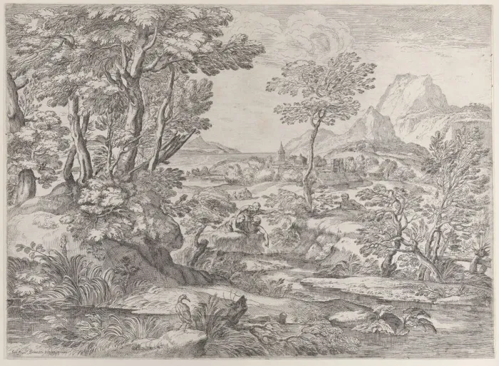 Framed Print : Three boys in a landscape with a town in the background, 1626-80 Framed Print : Three boys in a landscape with a town in the background, 1626-80
