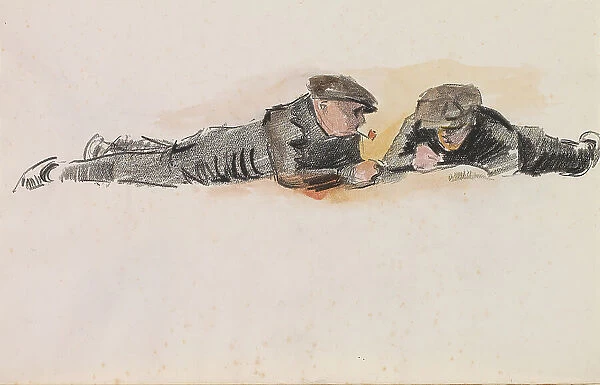 Two boys lying on their stomachs on the floor, c.1922-c.1925. Creator: Otto Verhagen