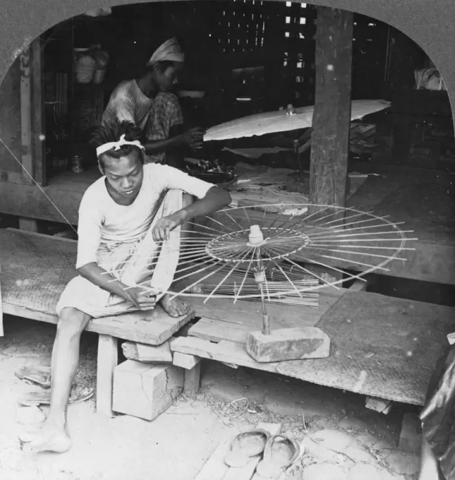 Framed Print : Boys making the native umbrella, Burma, 1908. Artist: Stereo Travel Co Framed Print : Boys making the native umbrella, Burma, 1908. Artist: Stereo Travel Co