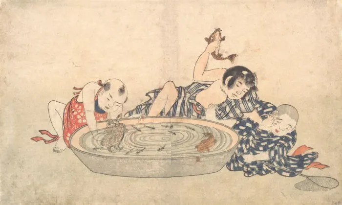Framed Print : Boys Playing with a Basin of Fish and Turtles, early 19th century