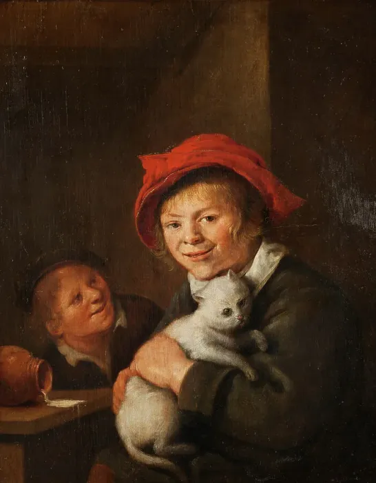 Framed Print : Two boys playing with a cat, 1650s. Creator: Jan Miense Molenaer Framed Print : Two boys playing with a cat, 1650s. Creator: Jan Miense Molenaer