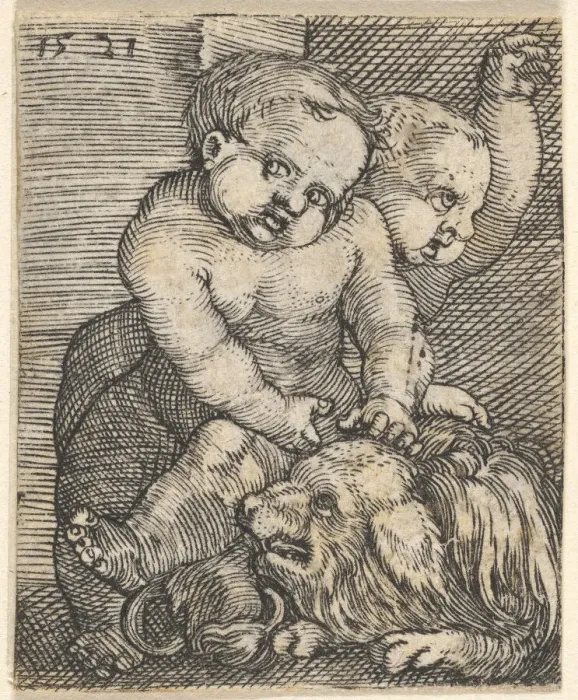 Framed Print : Two Boys Playing with a Dog, mid-16th century. Creator: Barthel Beham Framed Print : Two Boys Playing with a Dog, mid-16th century. Creator: Barthel Beham