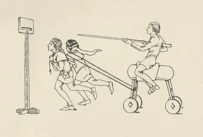 Framed Print : Boys playing at Riding at the Quintain (Romance of Alexander, about 1340. Bodleian), (1931) Framed Print : Boys playing at Riding at the Quintain (Romance of Alexander, about 1340. Bodleian), (1931)