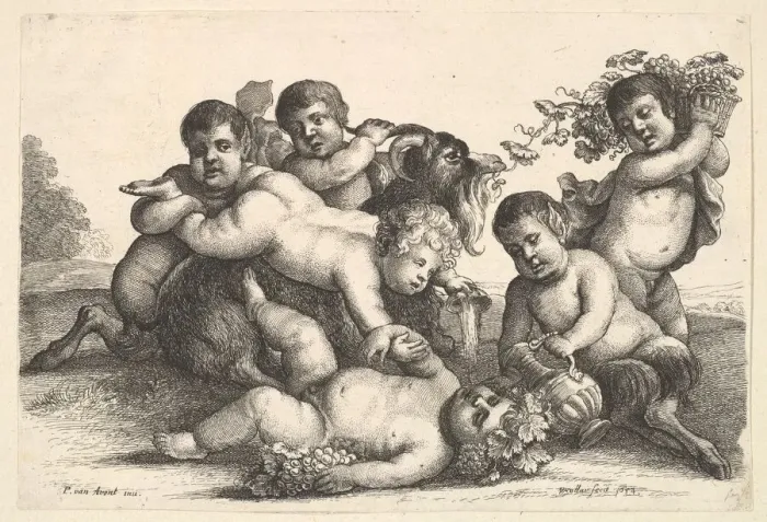 Framed Print : Four boys, two satyrs and a goat, 1654. Creator: Wenceslaus Hollar Framed Print : Four boys, two satyrs and a goat, 1654. Creator: Wenceslaus Hollar