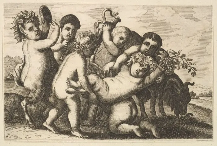 Framed Print : Five boys, two satyrs, and a goat (copy), 17th century. Creator: Wenceslaus Hollar Framed Print : Five boys, two satyrs, and a goat (copy), 17th century. Creator: Wenceslaus Hollar