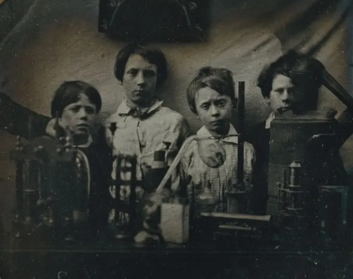 Framed Print : Boys Behind a Science Experiment, late 1850s. Creator: Unknown Framed Print : Boys Behind a Science Experiment, late 1850s. Creator: Unknown