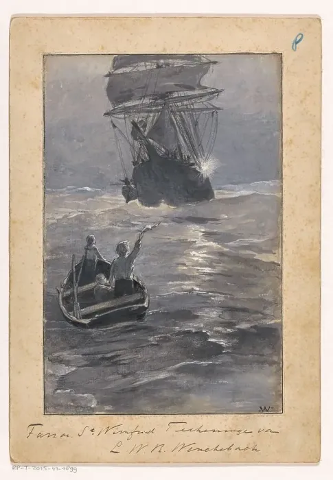 Framed Print : Boys signal to a ship from a sinking rowing boat, in or before 1894. Creator: Willem Wenckebach Framed Print : Boys signal to a ship from a sinking rowing boat, in or before 1894. Creator: Willem Wenckebach