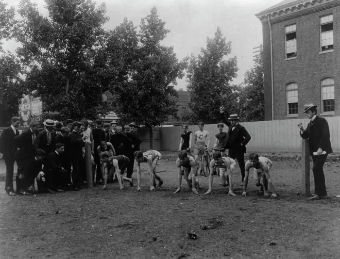 Framed Print : Boys track meet - the start, Central High School, (1899?). Creator: Frances Benjamin Johnston Framed Print : Boys track meet - the start, Central High School, (1899?). Creator: Frances Benjamin Johnston