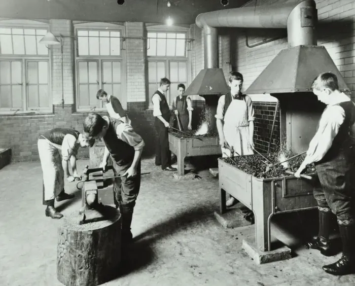 Framed Print : Boys using forges in a blacksmiths shop, Beaufoy Institute, London, 1911 Framed Print : Boys using forges in a blacksmiths shop, Beaufoy Institute, London, 1911