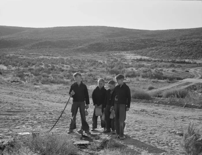 Framed Print : Boys wait for school bus in the morning, Malheur County, Oregon, 1939. Creator: Dorothea Lange Framed Print : Boys wait for school bus in the morning, Malheur County, Oregon, 1939. Creator: Dorothea Lange