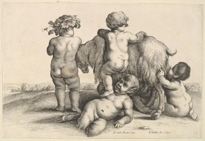 Framed Print : Four boys, a young satyr and a goat, 1647. Creator: Wenceslaus Hollar Framed Print : Four boys, a young satyr and a goat, 1647. Creator: Wenceslaus Hollar