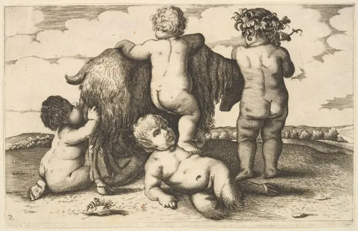 Framed Print : Four boys, a young satyr and a goat (copy), 17th century. Creator: Wenceslaus Hollar Framed Print : Four boys, a young satyr and a goat (copy), 17th century. Creator: Wenceslaus Hollar