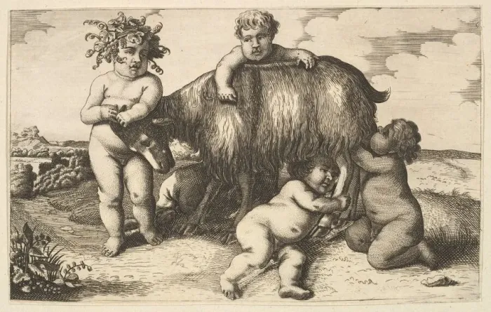 Framed Print : Four boys, a young satyr, and a goat (copy in reverse), 17th century (?) Framed Print : Four boys, a young satyr, and a goat (copy in reverse), 17th century (?)