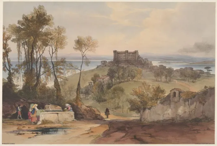 Framed Print : Bracciano (Views of Rome and Its Environs, plate 2), 1841. Creator: Edward Lear Framed Print : Bracciano (Views of Rome and Its Environs, plate 2), 1841. Creator: Edward Lear