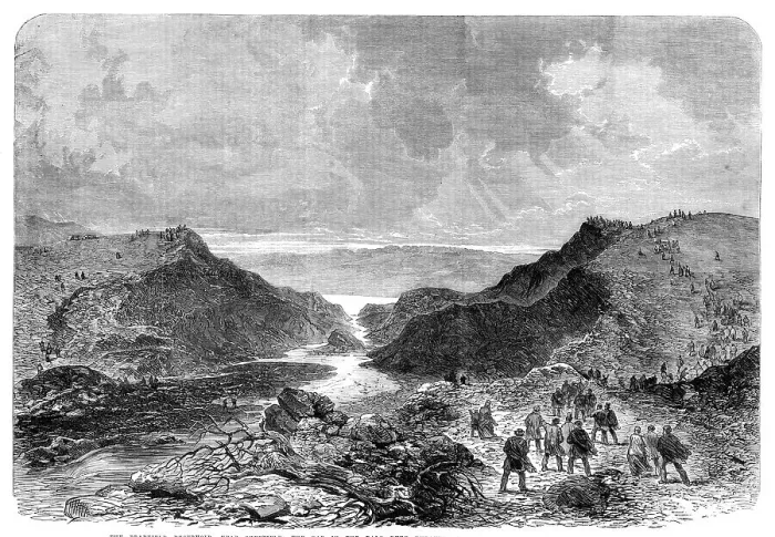 Framed Print : The Bradfield Reservoir, near Sheffield: the gap in the Dale Dyke embankment... 1864. Creator: Unknown Framed Print : The Bradfield Reservoir, near Sheffield: the gap in the Dale Dyke embankment... 1864. Creator: Unknown