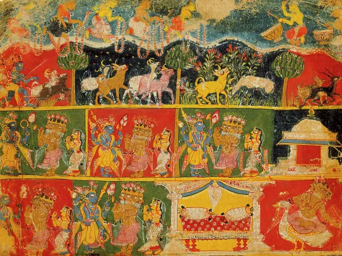 Framed Print : Brahma Salutes Krishna (recto); Text (verso);Folio from a Bhagavata Purana... between 1525 and 1550 Creator: Unknown Framed Print : Brahma Salutes Krishna (recto); Text (verso);Folio from a Bhagavata Purana... between 1525 and 1550 Creator: Unknown