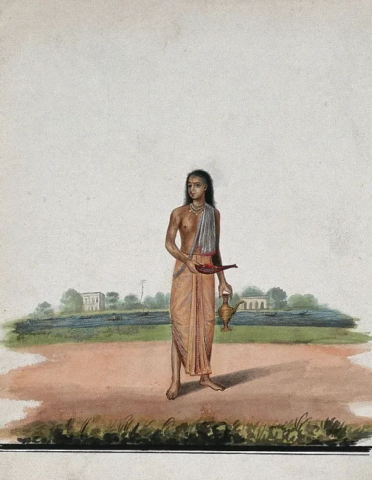 Framed Print : A brahmin carrying puja accessories, (between 1800 and 1899?). Creator: Unknown Framed Print : A brahmin carrying puja accessories, (between 1800 and 1899?). Creator: Unknown