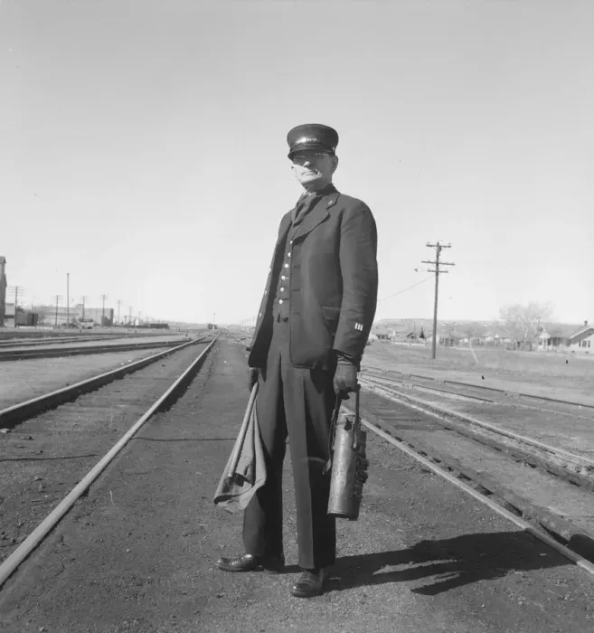 Framed Print : Brakeman on the Challenger, Nevada, 1939. Creator: Dorothea Lange Framed Print : Brakeman on the Challenger, Nevada, 1939. Creator: Dorothea Lange