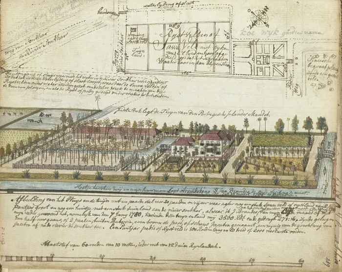 Framed Print : Brandes house and estate outside Batavia, 1785. Creator: Jan Brandes Framed Print : Brandes house and estate outside Batavia, 1785. Creator: Jan Brandes
