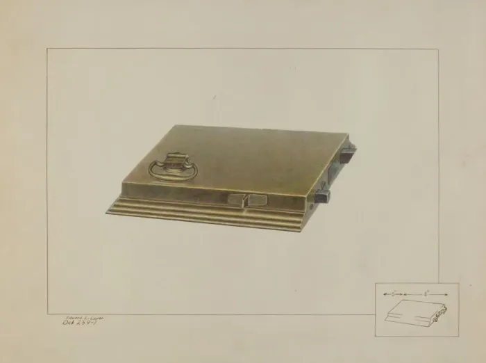 Framed Print : Brass Box Lock, c. 1938. Creator: Edward L Loper Framed Print : Brass Box Lock, c. 1938. Creator: Edward L Loper