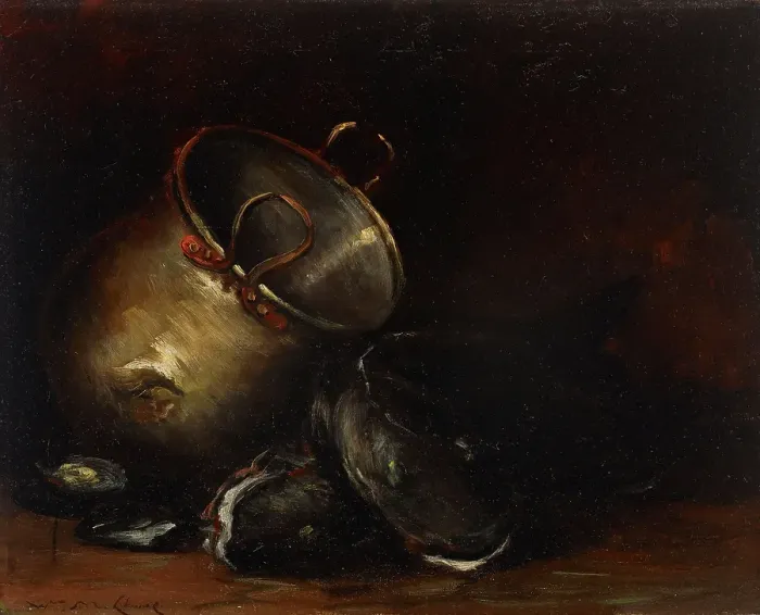 Framed Print : Brass Kettle and Catfish, date unknown, c1870-1900. Creator: William Merritt Chase Framed Print : Brass Kettle and Catfish, date unknown, c1870-1900. Creator: William Merritt Chase