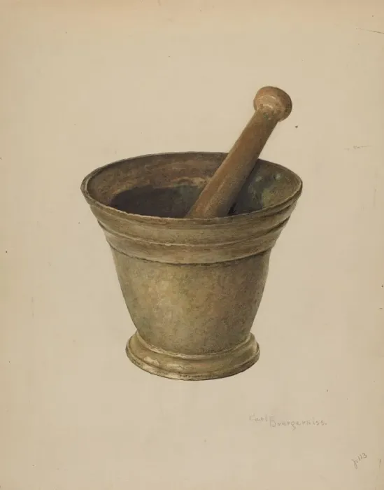 Framed Print : Brass Mortar and Pestle, c. 1939. Creator: Carl Buergerniss Framed Print : Brass Mortar and Pestle, c. 1939. Creator: Carl Buergerniss