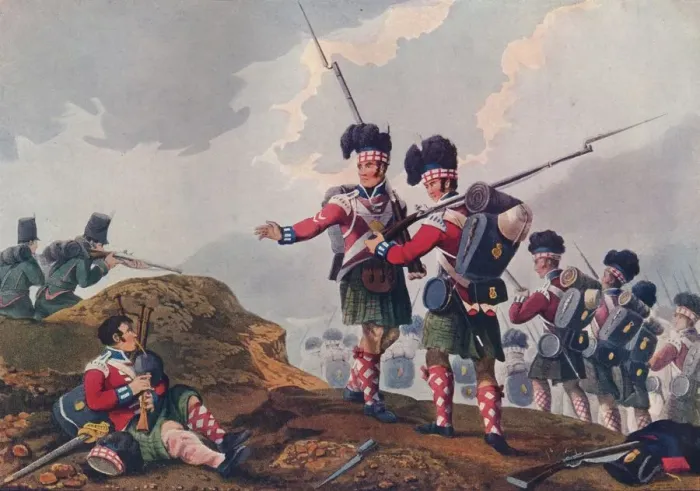 Framed Print : Bravery of a Piper of the 11th Highland Regiment, at the Battle of Vimiera, c1820 (1909). Artist: Clark & Dubourg Framed Print : Bravery of a Piper of the 11th Highland Regiment, at the Battle of Vimiera, c1820 (1909). Artist: Clark & Dubourg
