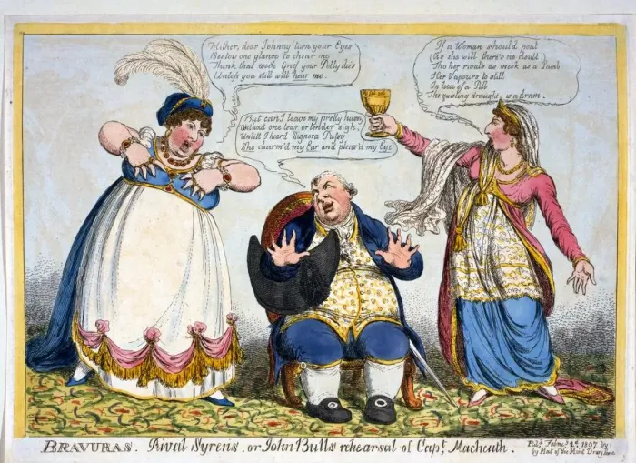 Framed Print : Bravuras. Rival Syrens or John Bulls rehearsal of Capt. Macheath, 1807 Framed Print : Bravuras. Rival Syrens or John Bulls rehearsal of Capt. Macheath, 1807