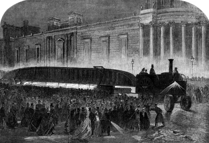 Framed Print : Bray's traction-engine drawing a girder...through the streets of London by night... 1862. Creator: Unknown Framed Print : Bray's traction-engine drawing a girder...through the streets of London by night... 1862. Creator: Unknown