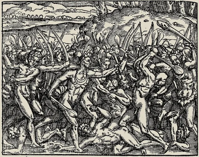 Framed Print : Brazil. As savages make war against each other... From Cosmografia universal by André Thevet, 1558. Creator: Bry, Theodor de (1528-1598) Framed Print : Brazil. As savages make war against each other... From Cosmografia universal by André Thevet, 1558. Creator: Bry, Theodor de (1528-1598)