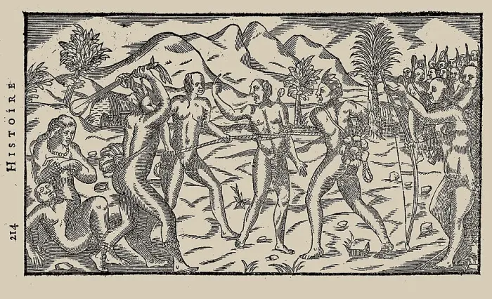 Framed Print : Brazilian Indian warriors taking a prisoner. From Histoire d'un voyage fait en la terre du Brésil Creator: Bry, Theodor de (1528-1598). Brazilian Indian warriors taking a prisoner Framed Print : Brazilian Indian warriors taking a prisoner. From Histoire d'un voyage fait en la terre du Brésil Creator: Bry, Theodor de (1528-1598). Brazilian Indian warriors taking a prisoner