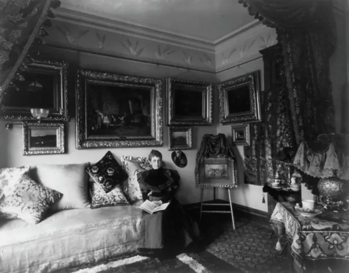 Framed Print : Brazilian Legation - Mendonca residence - Mme. Medonca seated in her boudoir, between 1890 and 1950. Creator: Frances Benjamin Johnston Framed Print : Brazilian Legation - Mendonca residence - Mme. Medonca seated in her boudoir, between 1890 and 1950. Creator: Frances Benjamin Johnston
