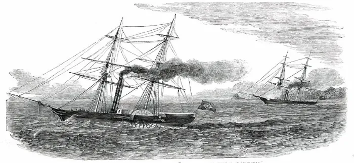 Framed Print : The Brazilian Steam-Brig Pacquete de Santos captured by H.M. Steam-Sloop Rifleman, 1850. Creator: Unknown. The Brazilian Steam-Brig Pacquete de Santos captured by H.M. Steam-Sloop Rifleman, 1850. Creator: Unknown Framed Print : The Brazilian Steam-Brig Pacquete de Santos captured by H.M. Steam-Sloop Rifleman, 1850. Creator: Unknown. The Brazilian Steam-Brig Pacquete de Santos captured by H.M. Steam-Sloop Rifleman, 1850. Creator: Unknown