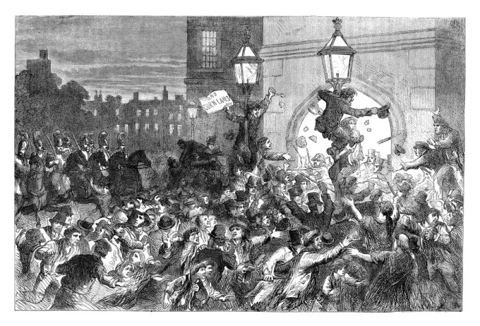Framed Print : Bread riots at the entrance to the House of Commons, Westminster, London, 1815 (c1895) Framed Print : Bread riots at the entrance to the House of Commons, Westminster, London, 1815 (c1895)
