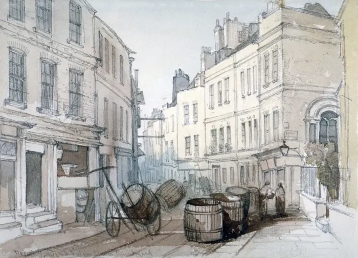 Framed Print : Bread Street Hill and St Nicholas Olave Churchyard, City of London, c1850. Artist Framed Print : Bread Street Hill and St Nicholas Olave Churchyard, City of London, c1850. Artist