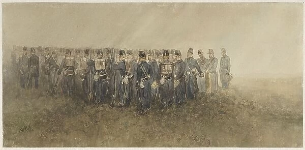 Break of a battalion of infantry on the heath, 1860. Creator: Charles Rochussen