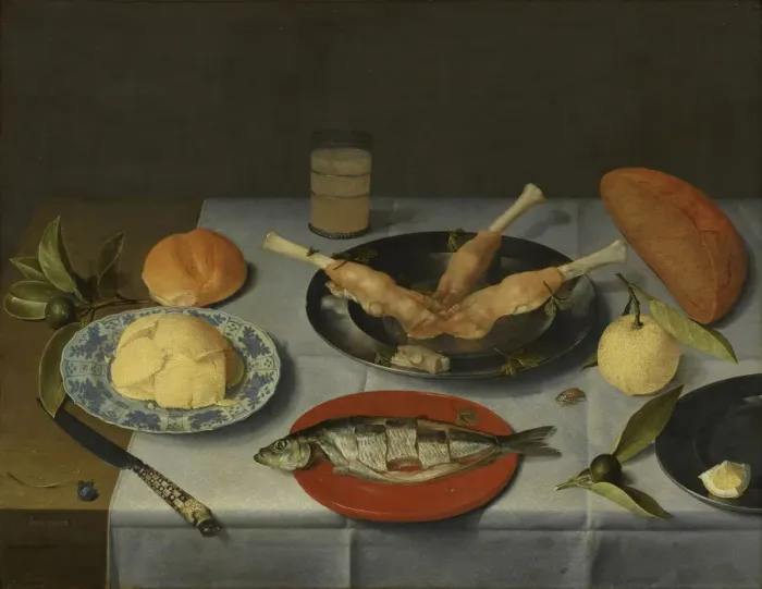 Framed Print : Breakfast with bread, cheese, fish and beer, c. 1615. Artist: Hulsdonck, Jacob van (1582-1647) Framed Print : Breakfast with bread, cheese, fish and beer, c. 1615. Artist: Hulsdonck, Jacob van (1582-1647)