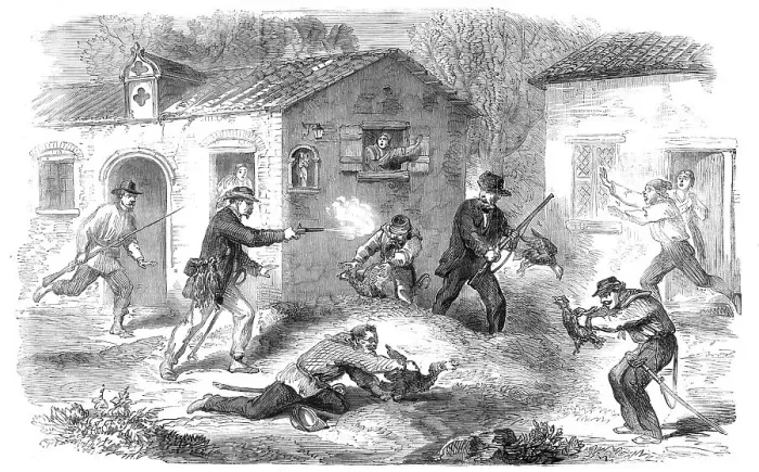 Framed Print : Breakfast-hunting at Roccapalumba, a Sicilian village - from a sketch by our special artist, 1860. Creator: Unknown Framed Print : Breakfast-hunting at Roccapalumba, a Sicilian village - from a sketch by our special artist, 1860. Creator: Unknown