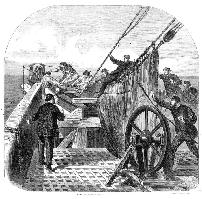 Framed Print : The breaking of the Atlantic Telegraph Cable on board the Great Eastern, 1865. Creator: Unknown