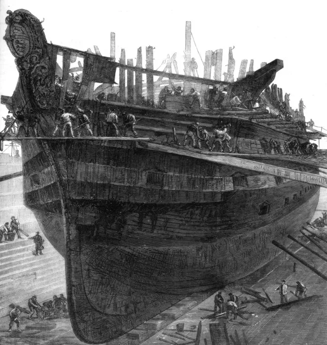 Framed Print : Breaking up the hospital ship Dreadnought at Chatham dockyard, 1875 Framed Print : Breaking up the hospital ship Dreadnought at Chatham dockyard, 1875