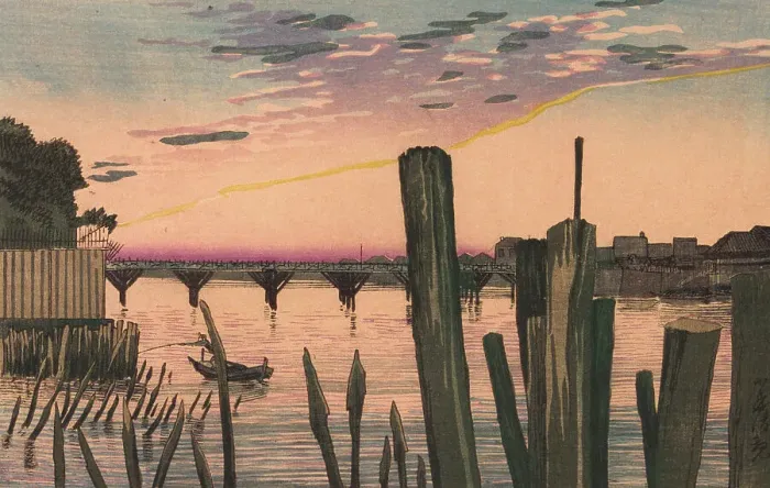 Framed Print : Breakwater Stakes and Ryogoku Bridge, 1880. Creator: Kobayashi Kiyochika Framed Print : Breakwater Stakes and Ryogoku Bridge, 1880. Creator: Kobayashi Kiyochika
